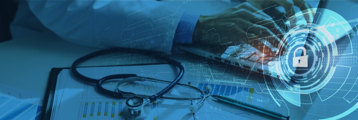 October Is Cybersecurity Awareness Month. A clinician works on a desktop computer with a cybersecurity secure lock overlaid on the image.