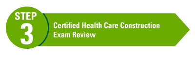 arrow graphic with certified health care construction exam review inside it