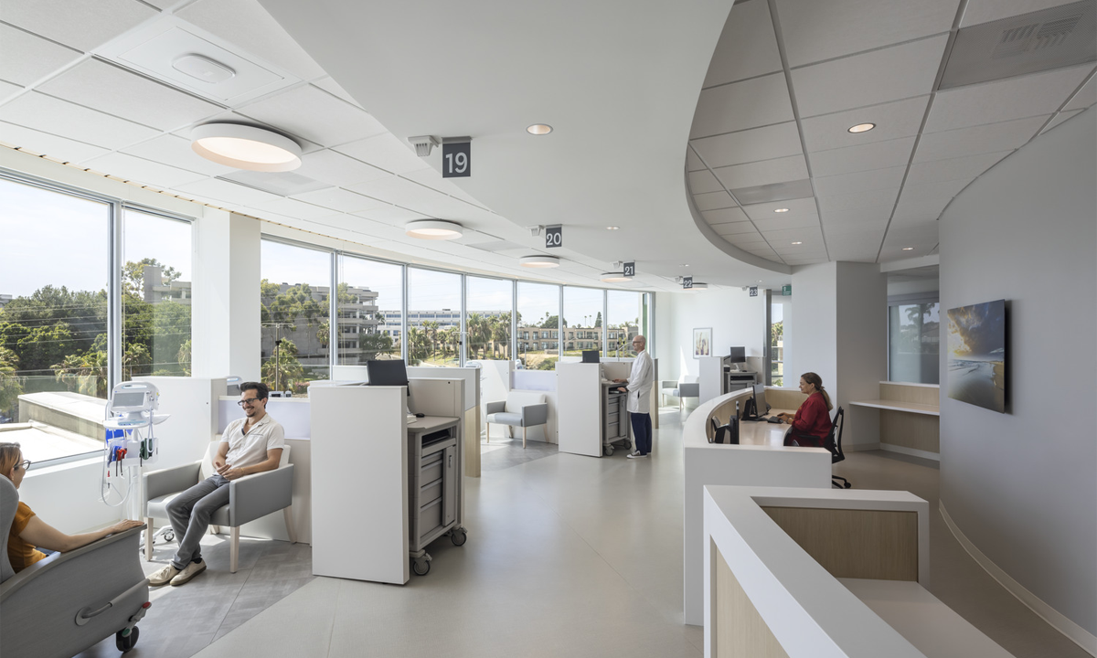 The curvature of the building with expansive glass influenced how the space was organized.