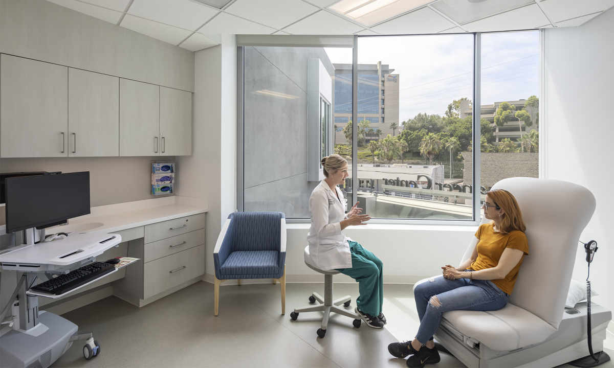 Exam rooms feature large, expansive windows to bring in natural light and views of the ocean.