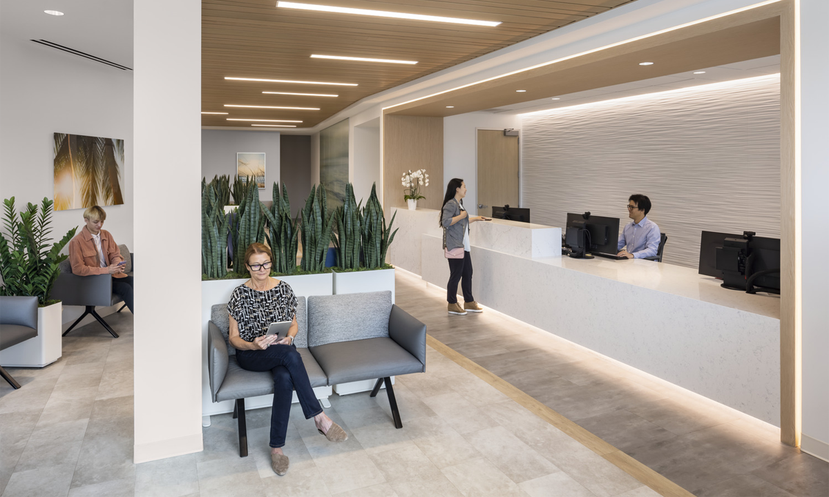 The ceiling design incorporated wood planks reminiscent of the boardwalk in the harbor.