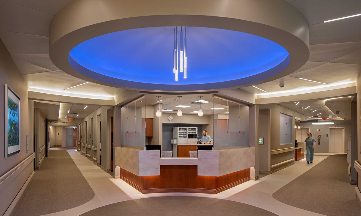 Nurse stations had full visibility of the corridors, expanded caregiver work areas, and adjustable lighting elements.