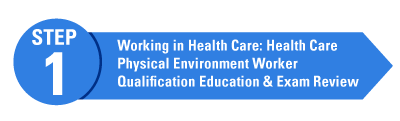 Arrow graphic with Working in Health Care: Health Care Physical Environment Worker Qualification Education & Exam Review