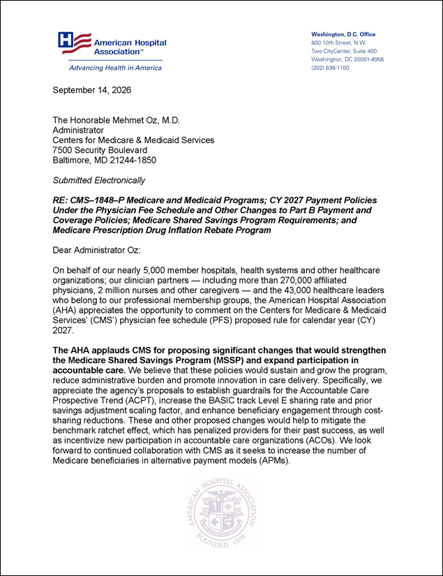 AHA Comments on Physician Fee Schedule Proposed Rule for 2027 Cover Page