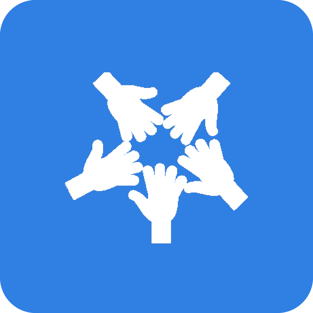 white hands in circle icon on light blue background