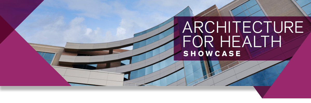 background image of side of building with Architecture for Health Showcase logo
