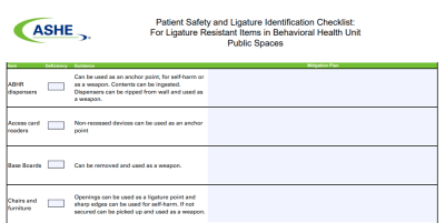 ASHE Patient Safety and Ligature Risk Checklist Screenshot